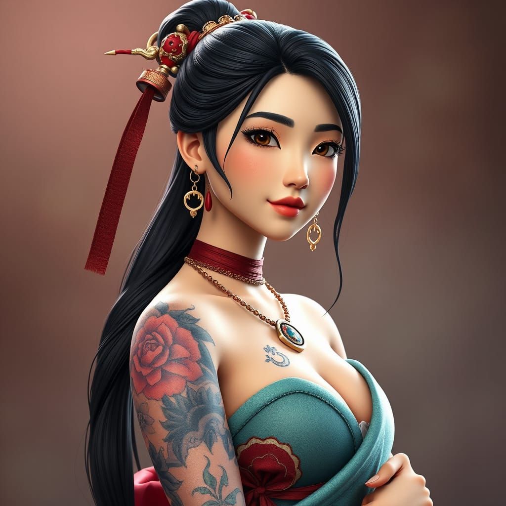 Disney Princess Mulan with Intricate Tattoos in Vibrant 3D A...