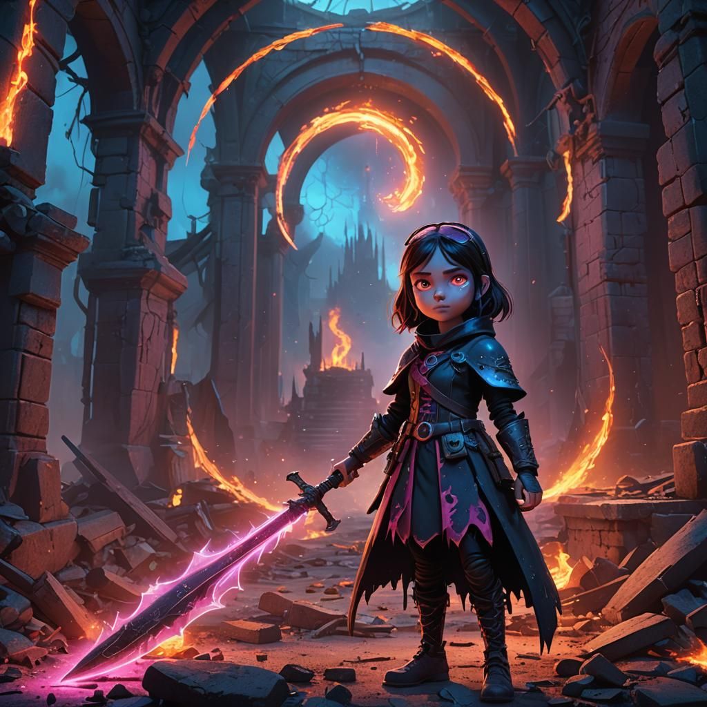 Little Girl with Fire Eyes in Dark Fantasy Style