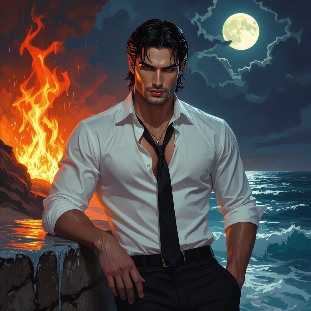 Handsome Vampire in Paradoxical Fire and Ice Landscape