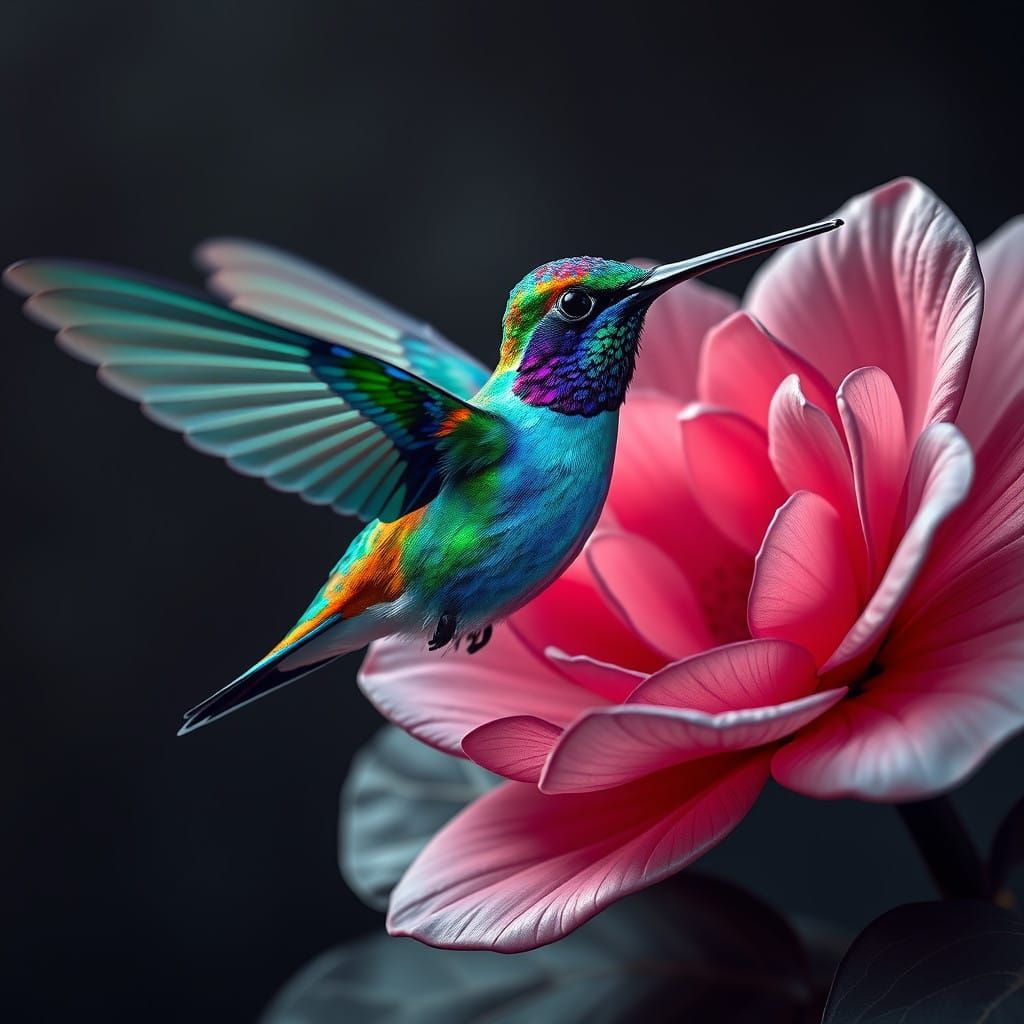 Vibrant Hummingbird in Flight Beside a Lush Flower