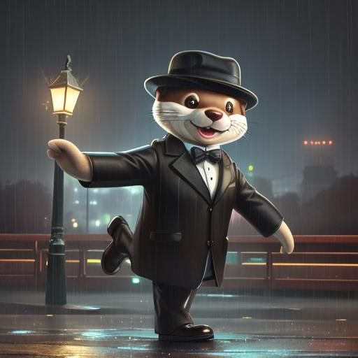 Anthropomorphic Otter Singing in the Rain