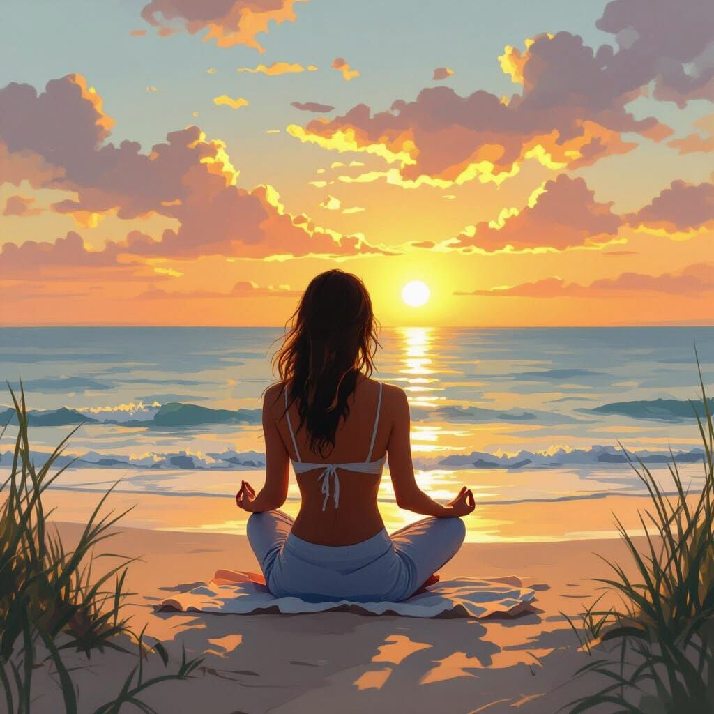 Sunset Meditation on Beach in Landscape Painting Style