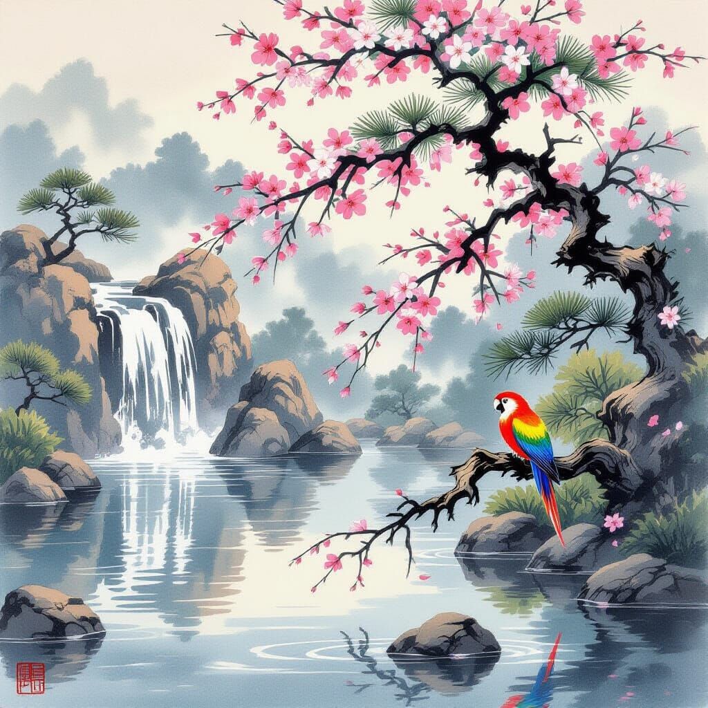 Medieval Japanese Garden With Cherry Blossoms and Waterfall