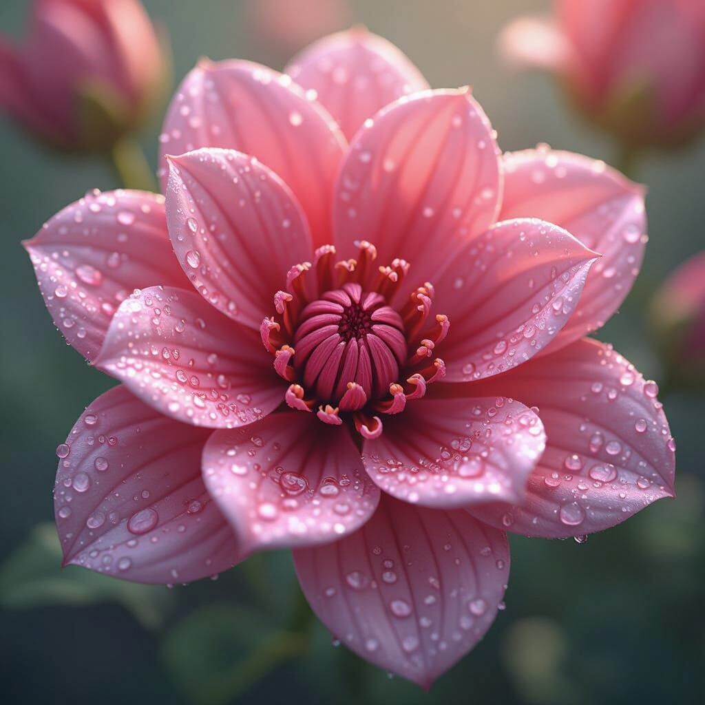 Dewy Pink Flower Macro Shot in 3D Anime Style