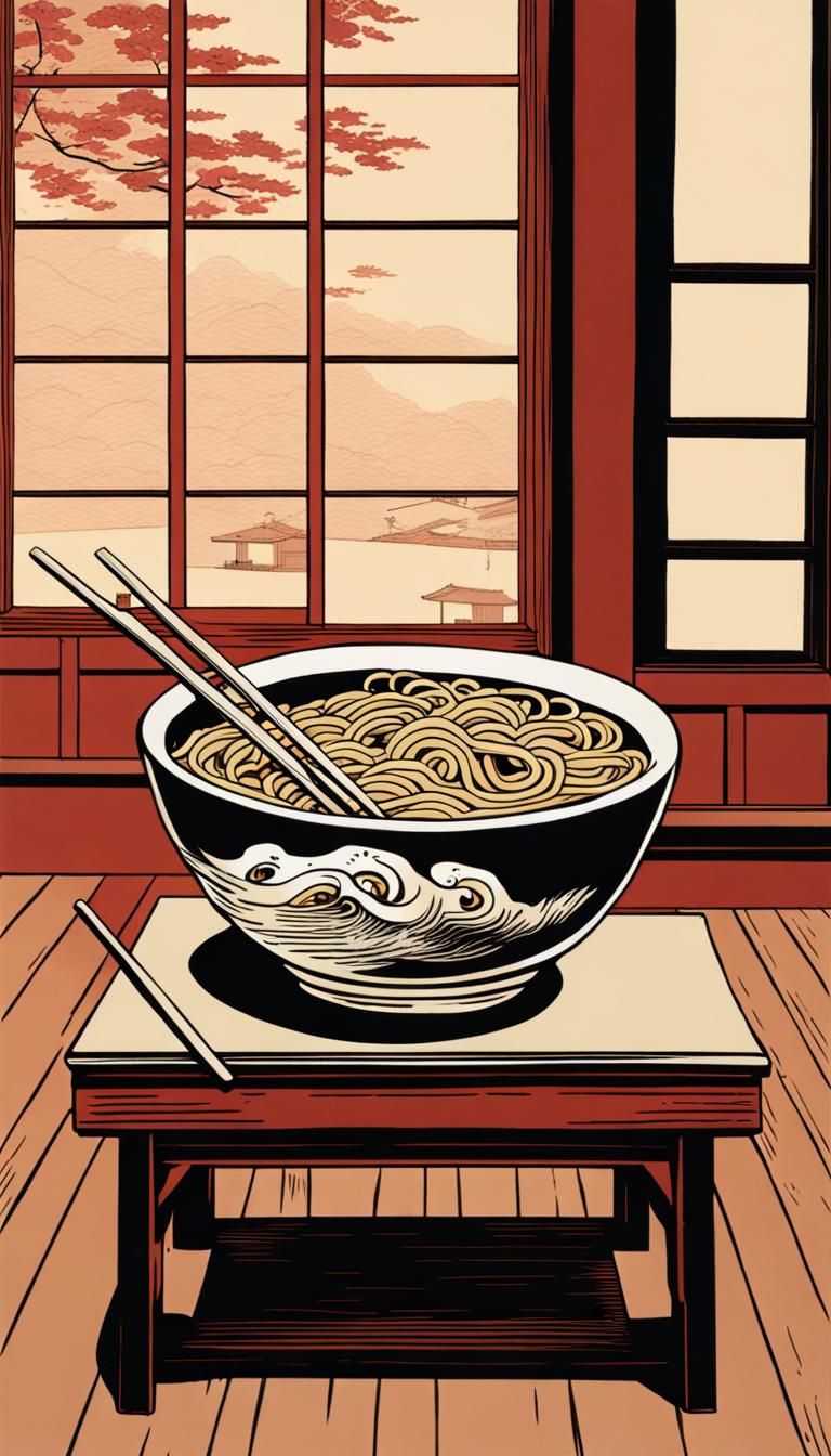 Ramen Noodles in Ukiyo-e Anime Style