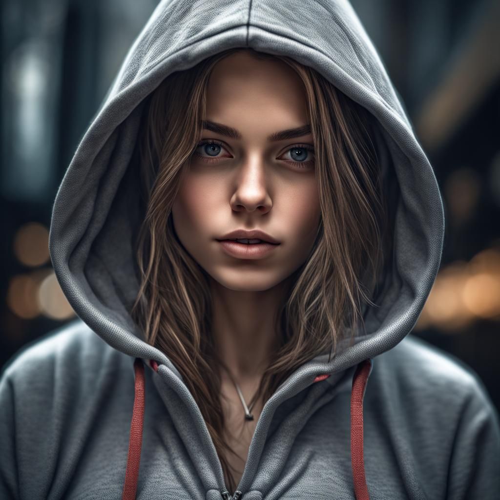 Realistic Pretty Girl in Hoodie, Hyperrealistic Image