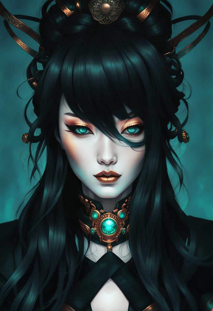 Steampunk Geisha with Indigo Hair in Armor