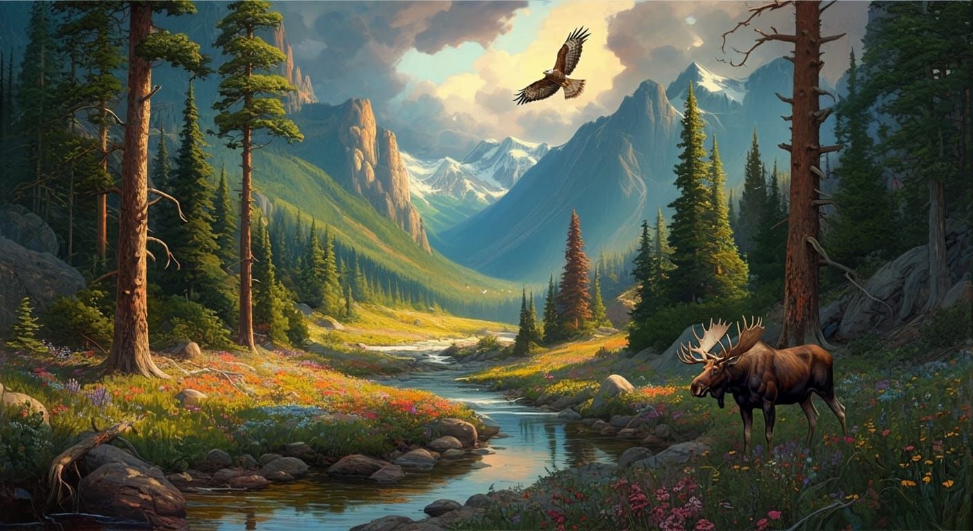 Epic Mountain Valley Landscape in Vibrant Oil Painting Style