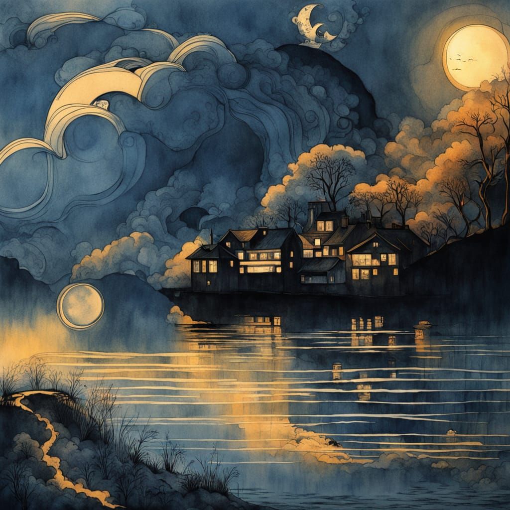 Surreal Yin Yang Earth Moon Fog with Steampunk Cities
