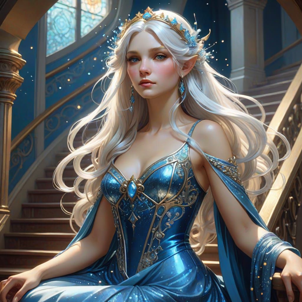 Sparkling Fairy Descends Staircase in Fantasy Art