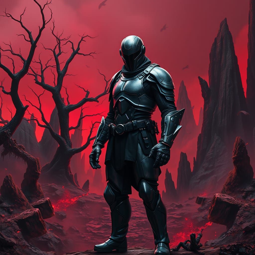 Heroic Figure in Black and White Latex Armor Against a Post-...