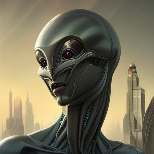 Majestic Alien Humanoid in a Detailed Cityscape