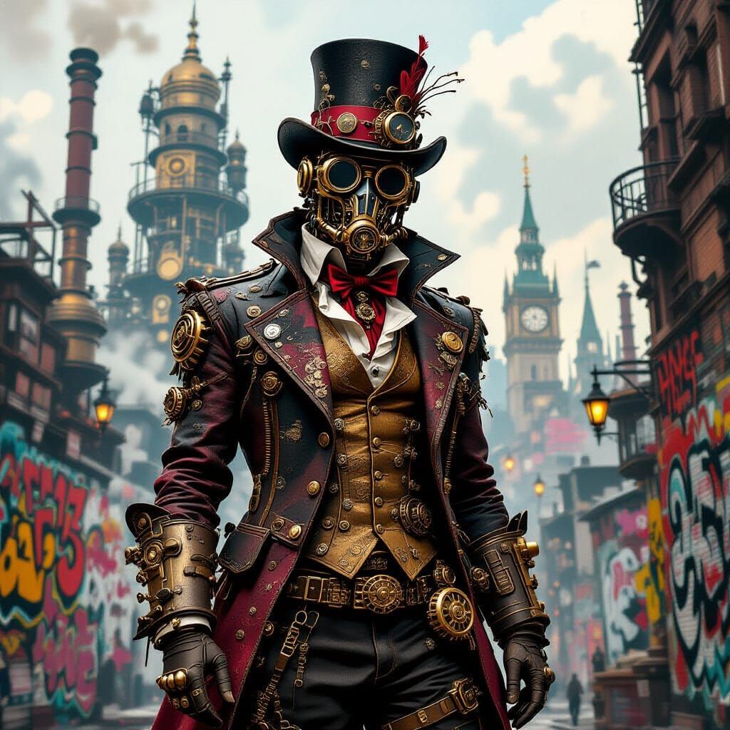 Steampunk Punk Cityscape with Gears and Graffiti
