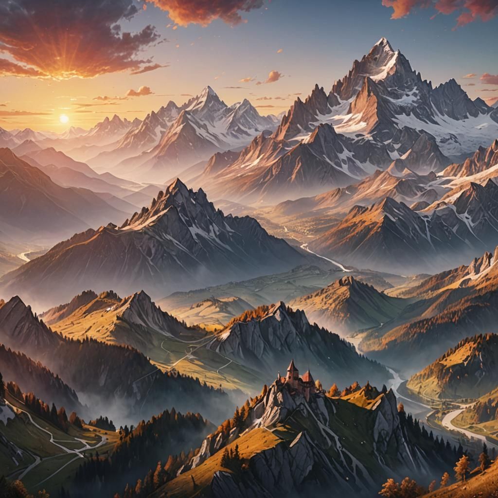 Alps Sunrise in Watercolor Style
