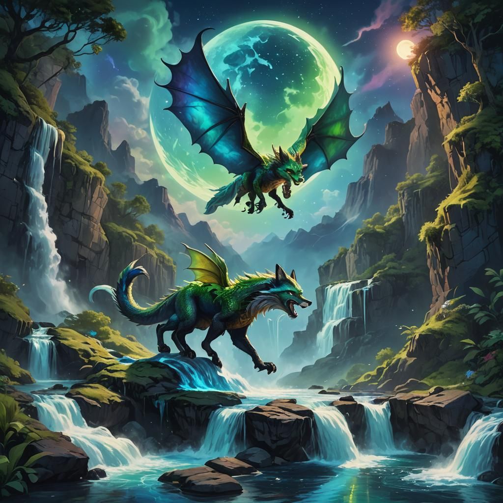 Dragon Fox Soaring Over Moonlit Waterfall
