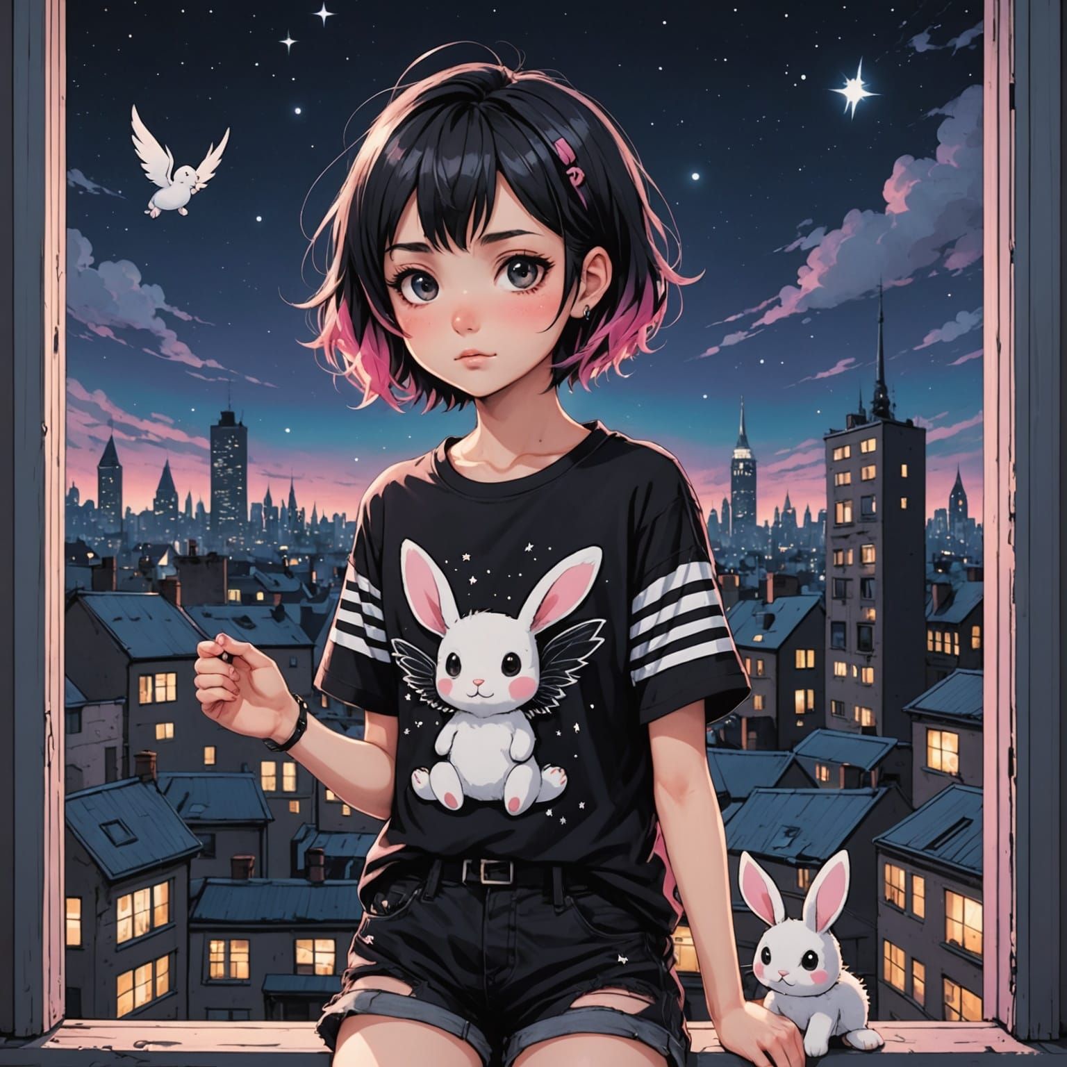 Surreal Anime Goddess Embracing Gothic Whimsy in Urban Night