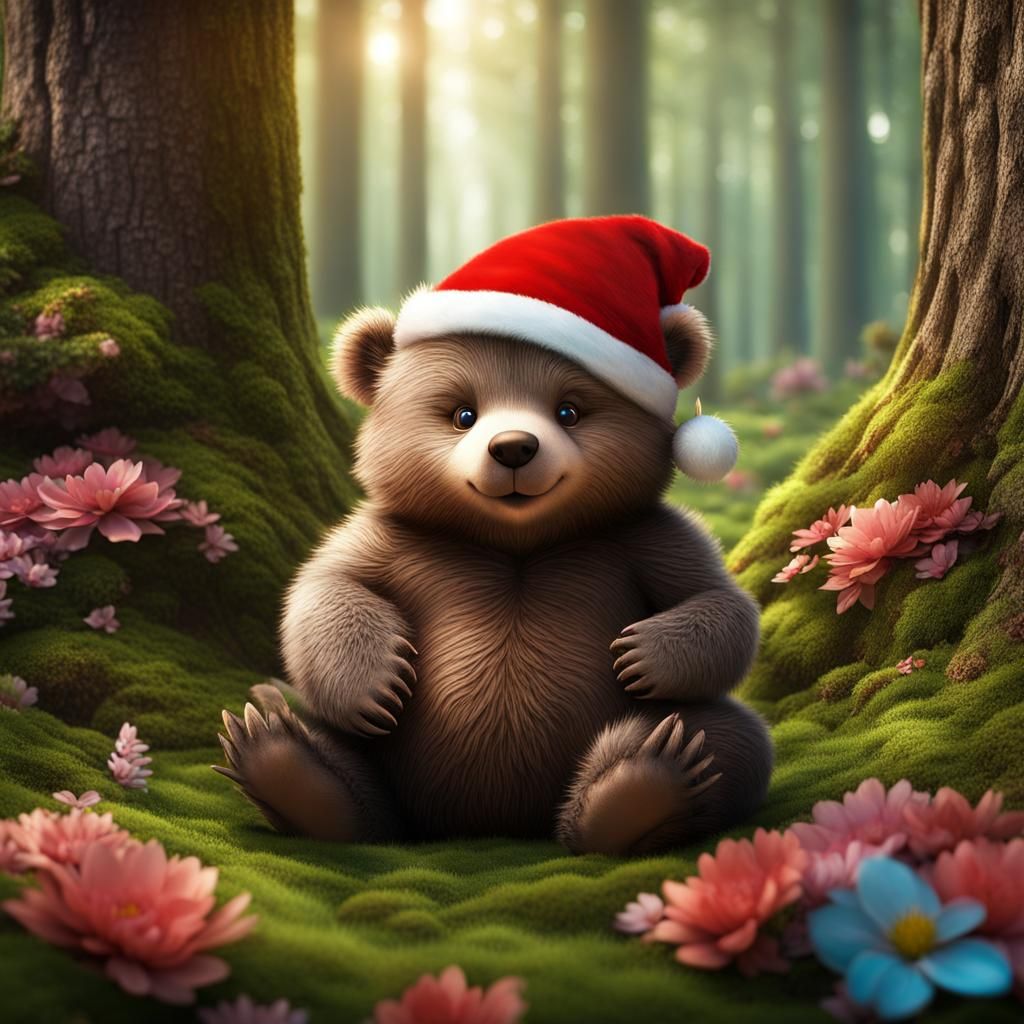 Fluffy Baby Bear with Santa Hat in Fantasy Art