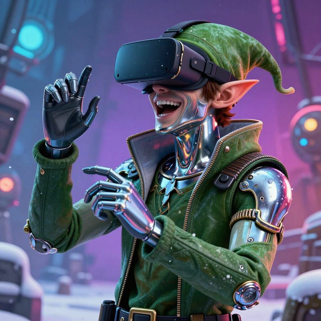 Elf Laughing in VR, Cyberpunk Winter Scene