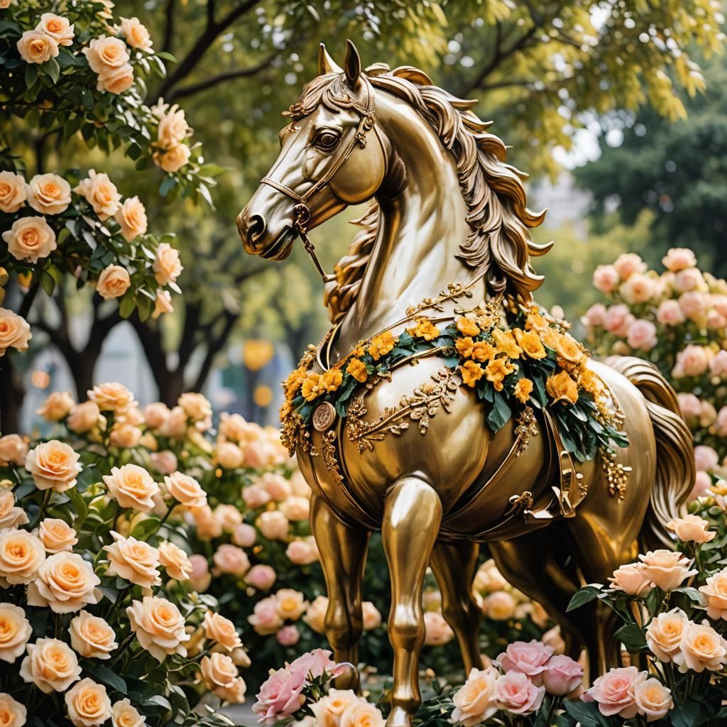 Golden Horse Statue Adorned with Flowers