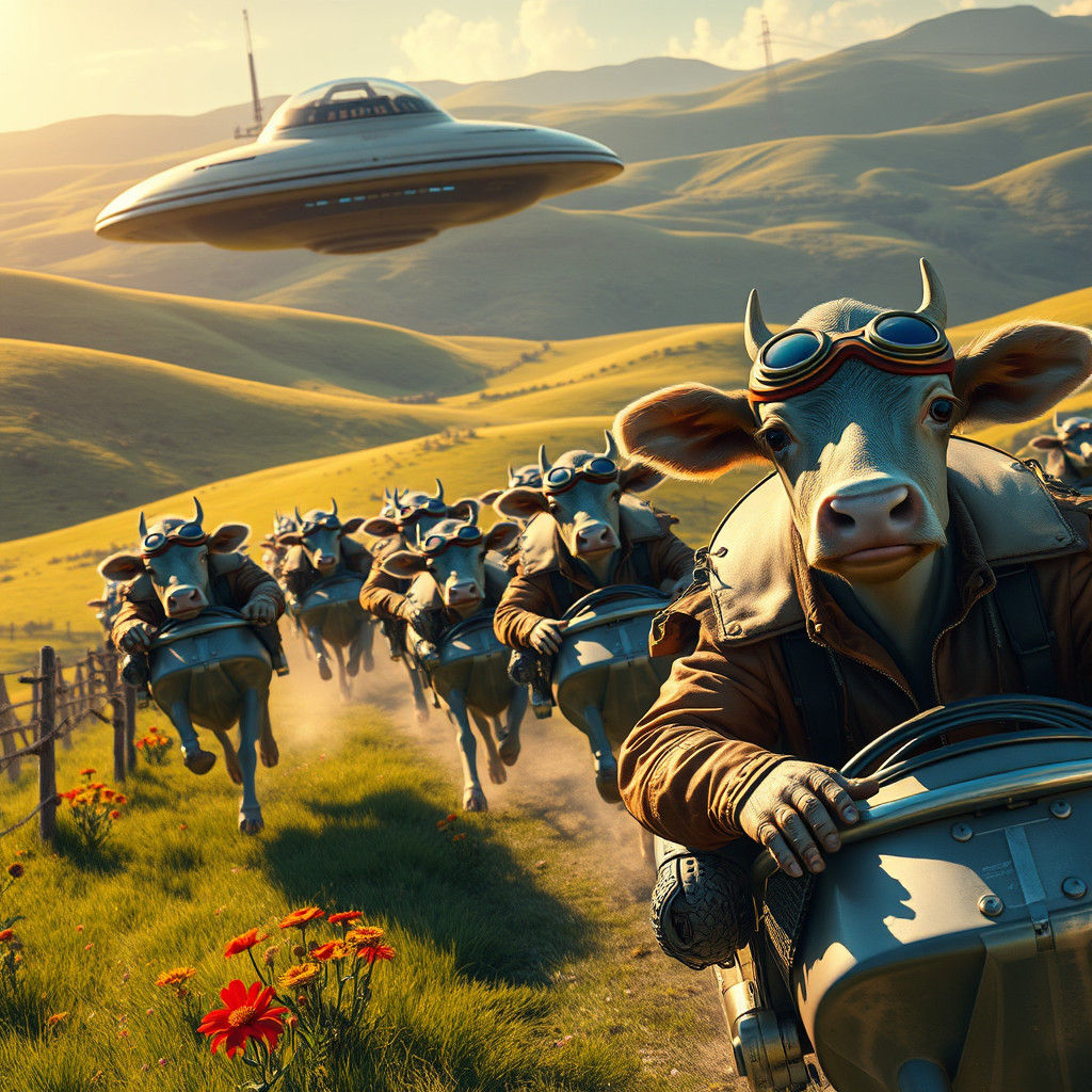 Cows in Saucers Chase Aliens Across Countryside