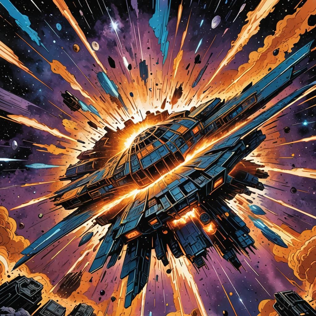 Spacecraft Explosion in Comic Book Art Style