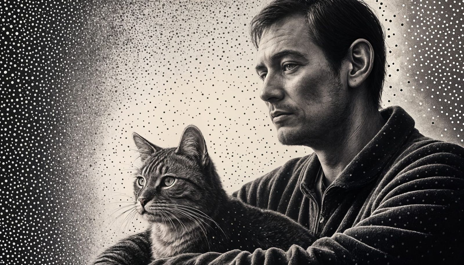 Dotted Portrait of Man with Cat at Sunrise