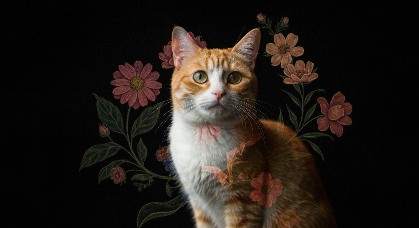 Double Exposure Cat Photography with Floral Design