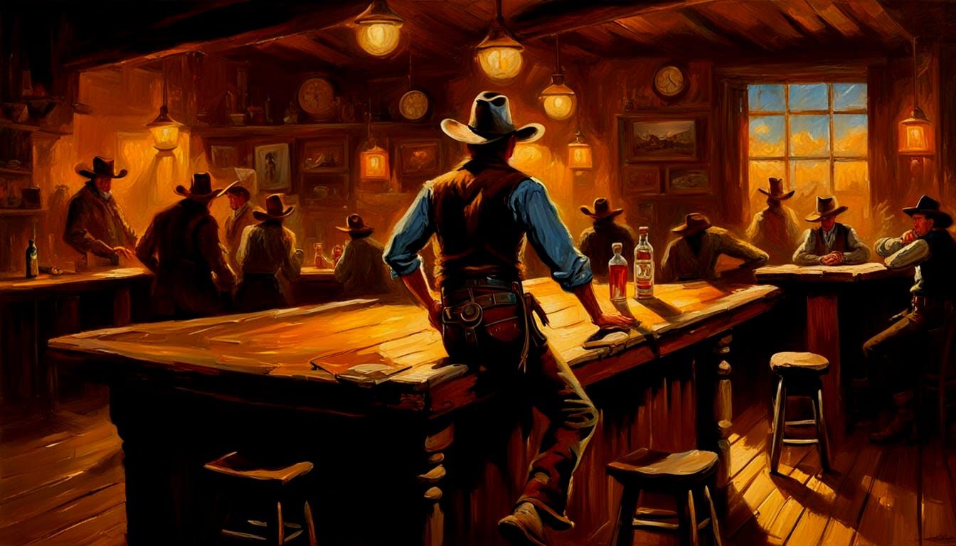 Elf Dances in Wild West Saloon, Oil Painting