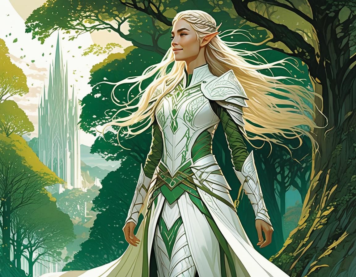 Beautiful Elven Warden in Arboreal City, Comic Art