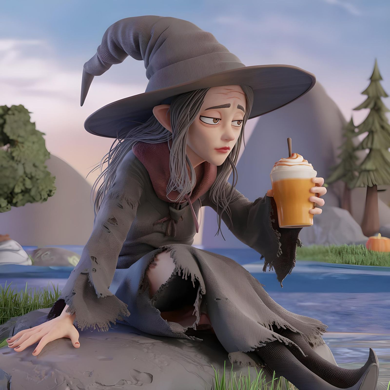 Anime Witch with Pumpkin Spice Latte in 3D