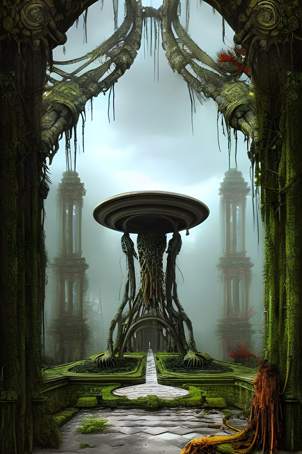 Overgrown Alien Temple with Biomechanical Carvings