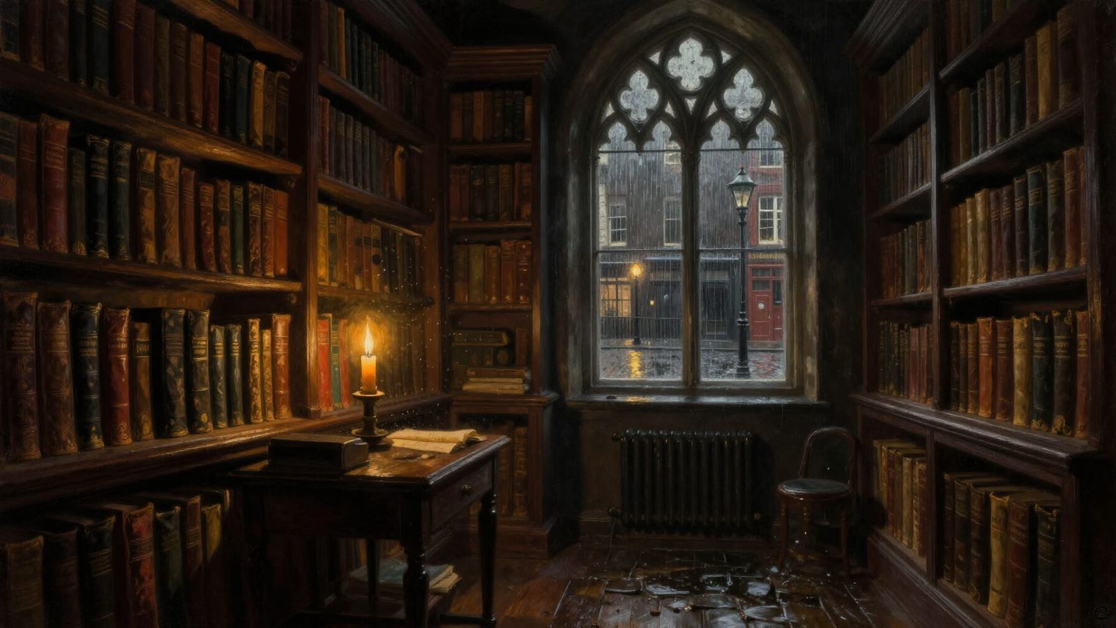 Rainy London Library in Oil Painting Style