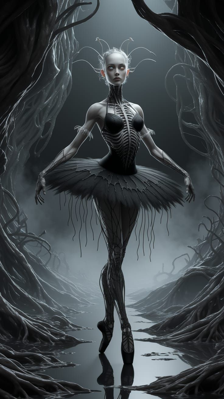 Dark Biomechanical Ballerina in Surreal Space