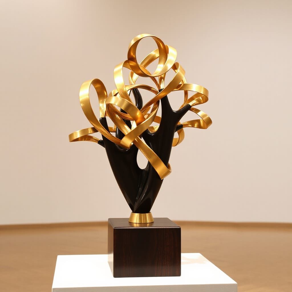 Abstract Brass and Wood Sculpture in Gallery