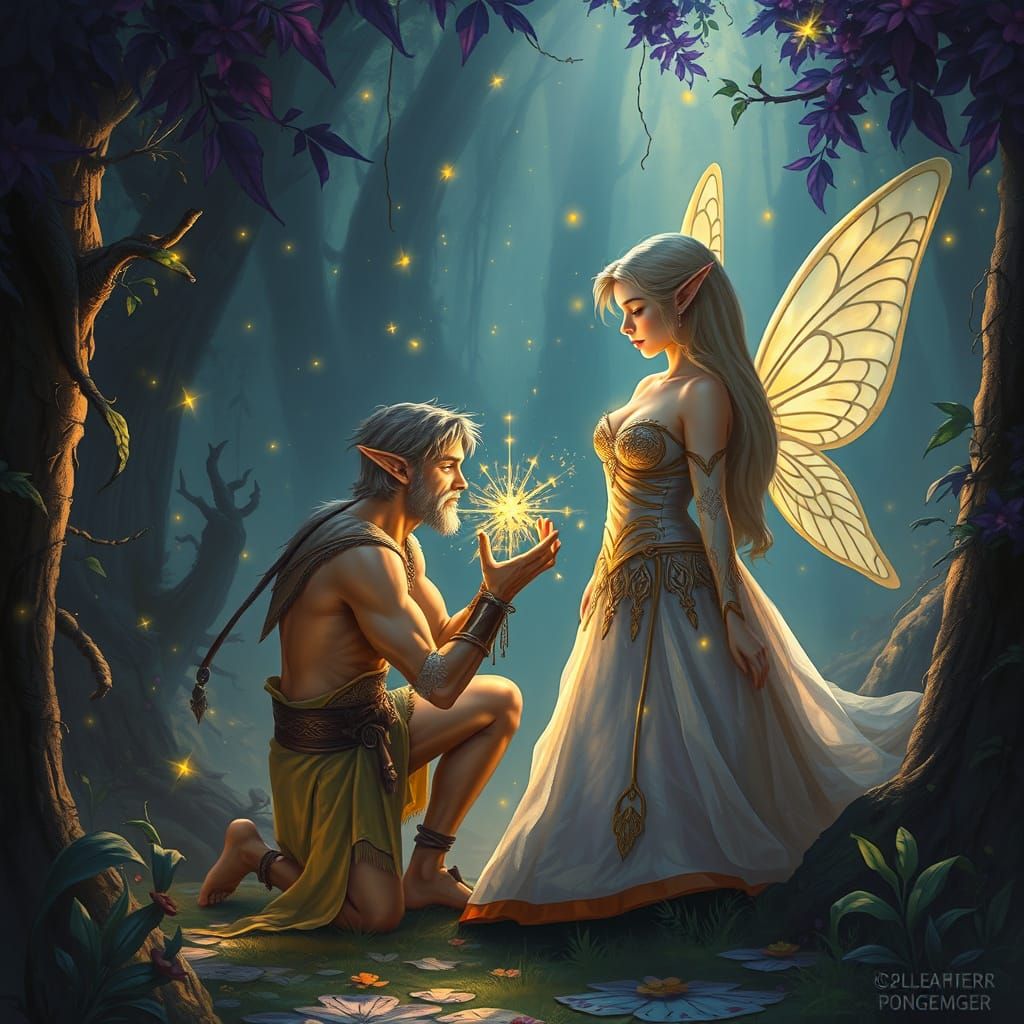 Elf Warrior Presents Starlight Gift to Fairy Queen