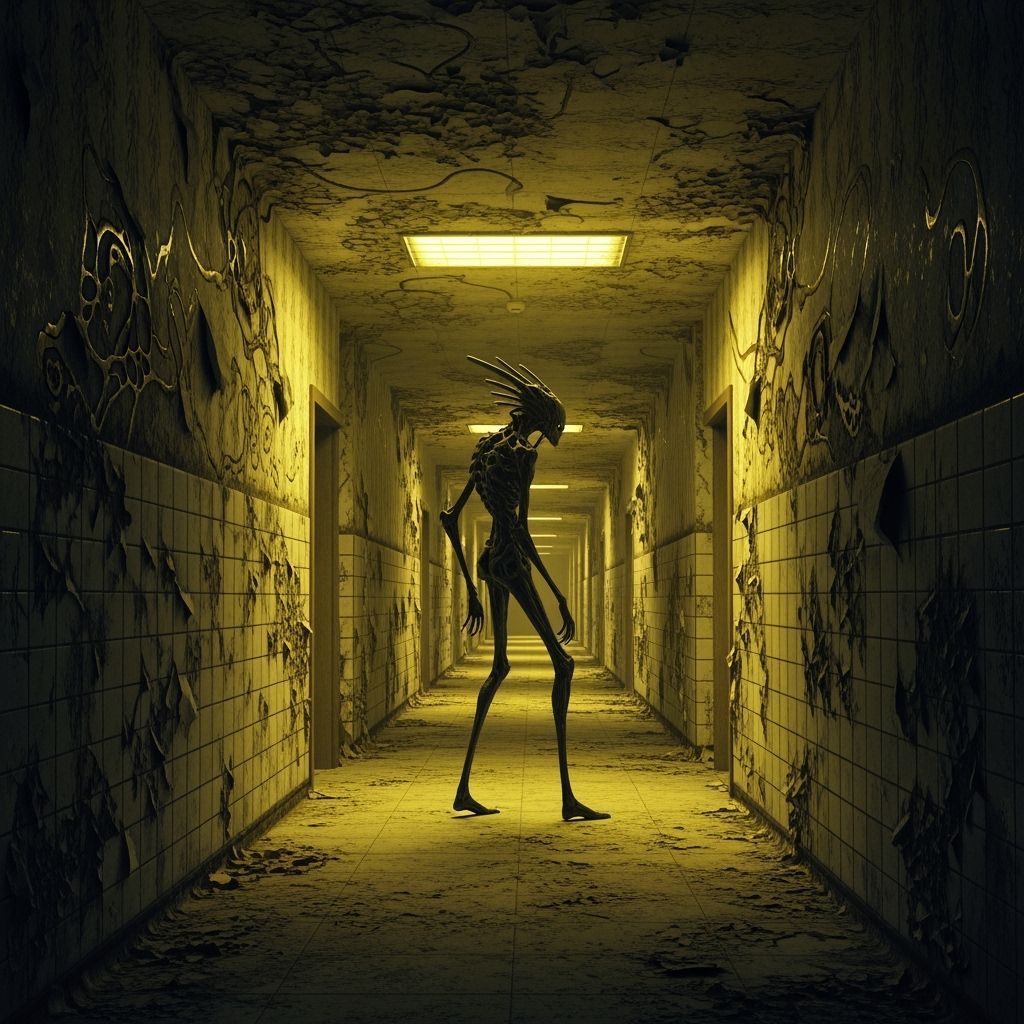 Eerie Solitary Figure in Endless Yellow Lit Corridors