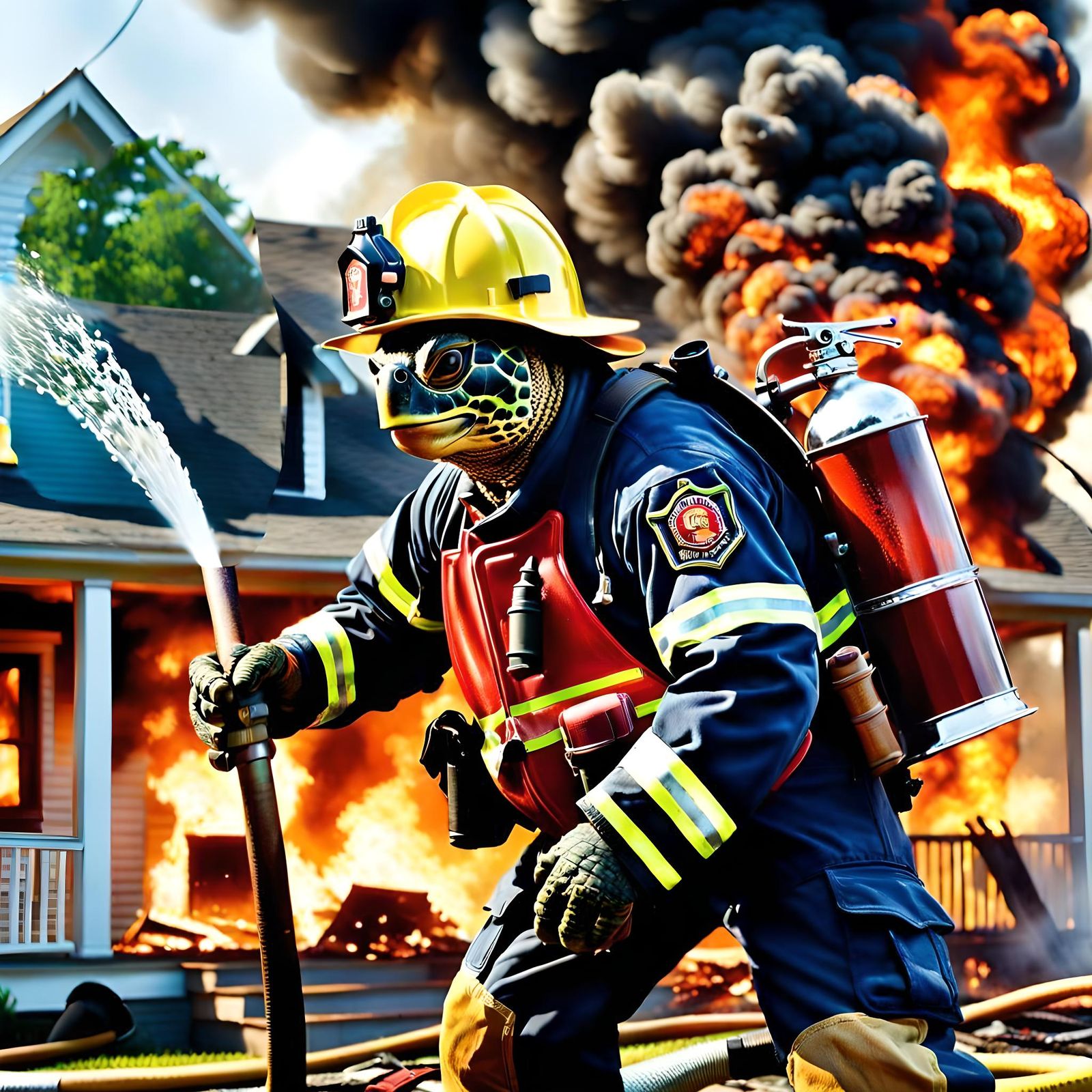 Turtle Firefighter Extinguishing House Fire in Art Nouveau S...