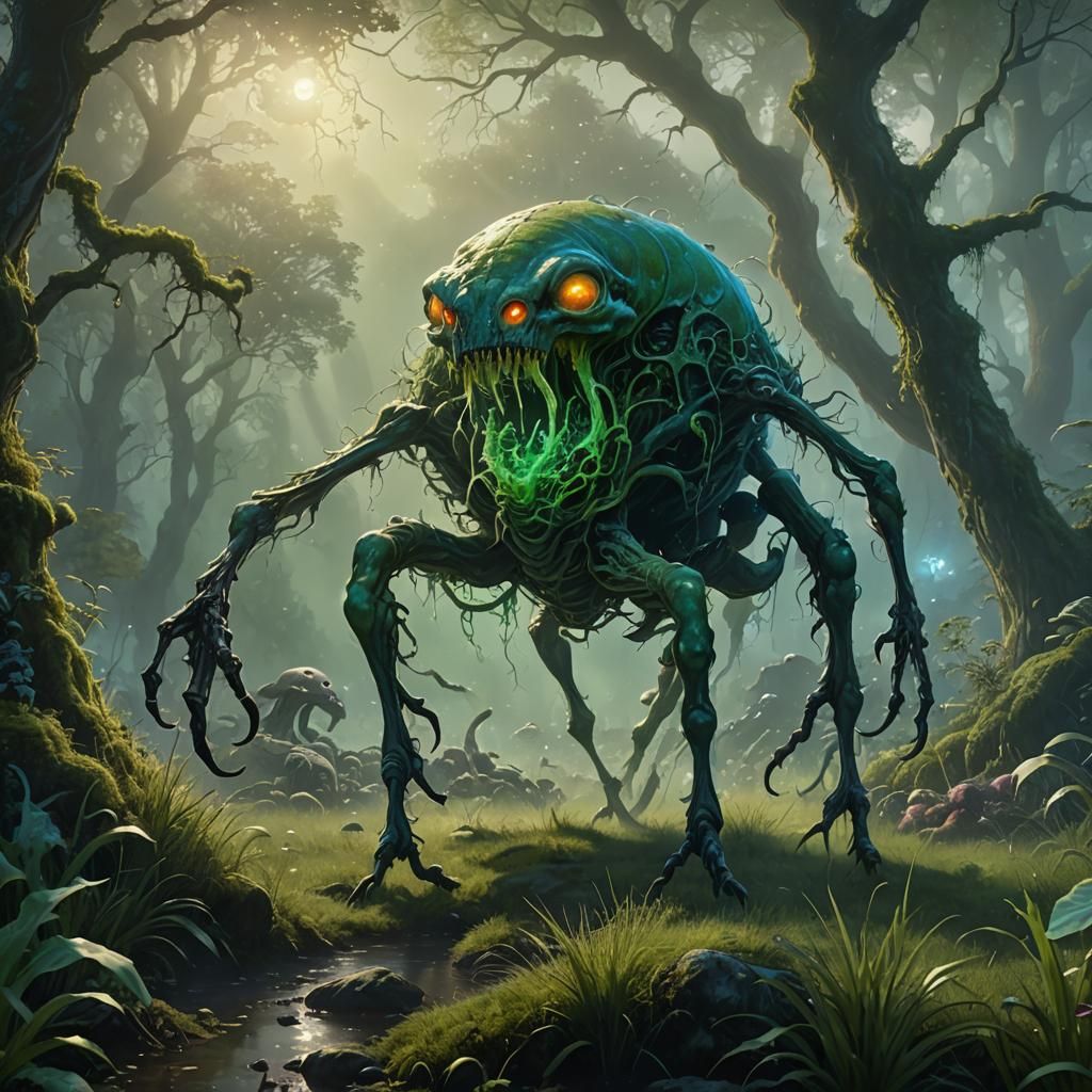 Bioluminescent Fungus Creature in Ethereal Landscape