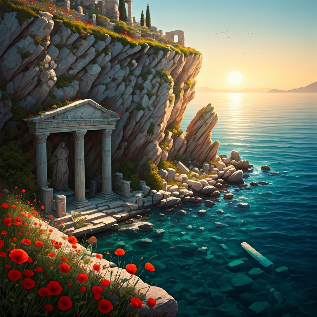 Greek Cliffside Ruins with Poppies and Azure Sea