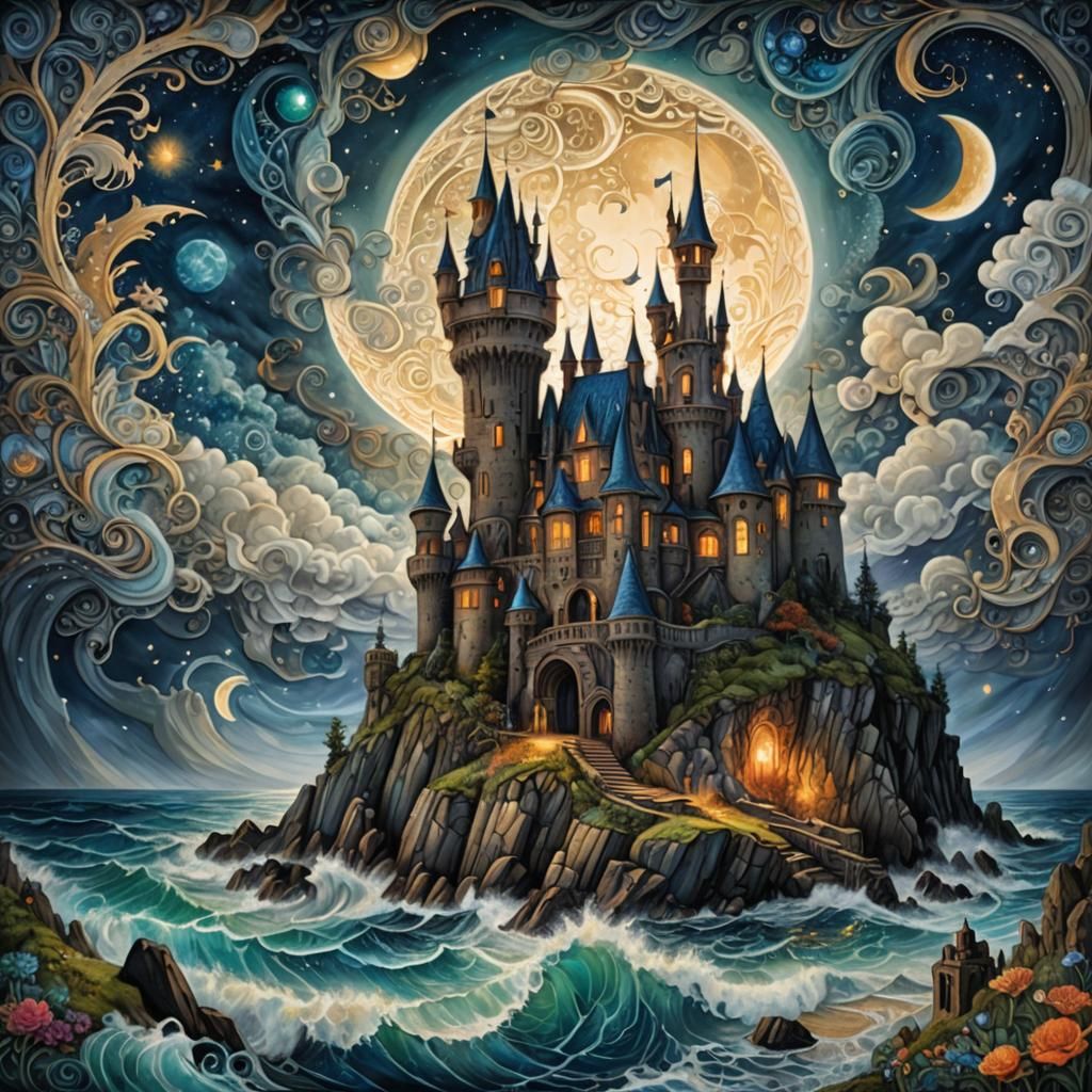 Moonlit Castle Seascape with Complex Contrast