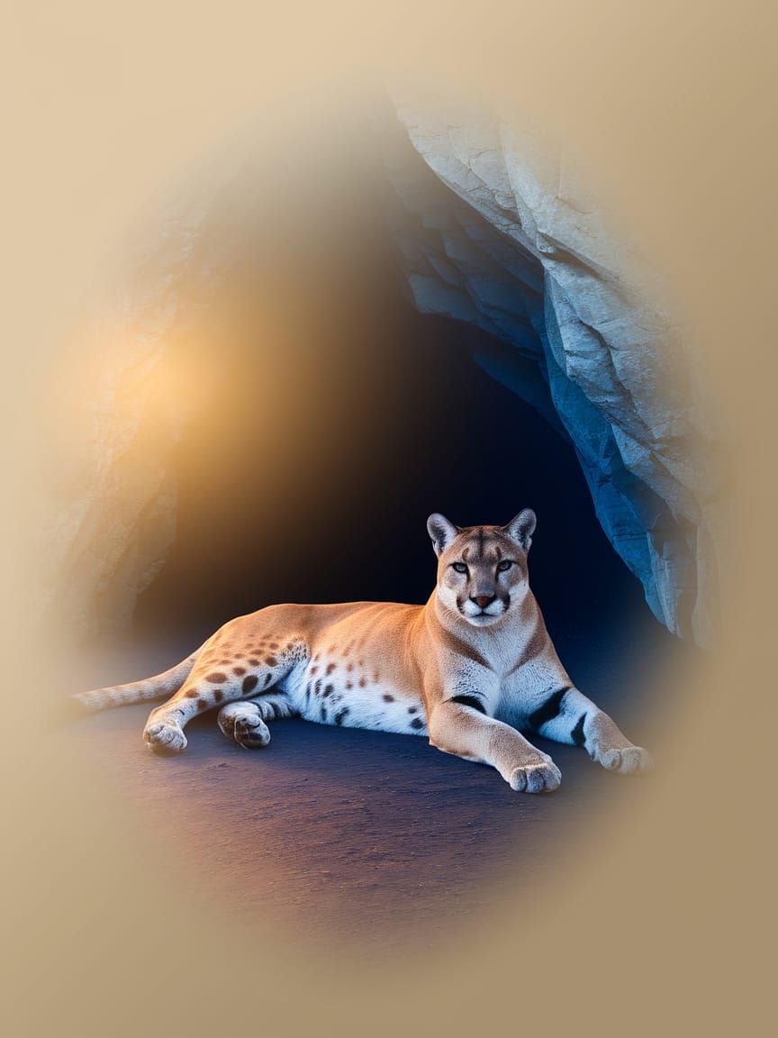 Golden Cougar at Dawn, Cave Entrance, Double Exposure Art