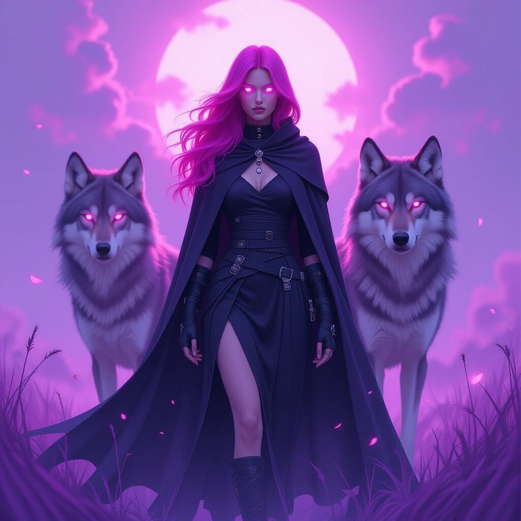 Surreal Purple World: Lady with Wolves in Cyberpunk Style
