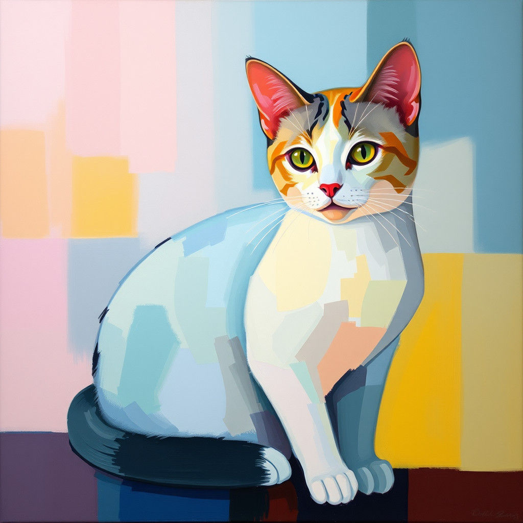 Abstract Cat in Misty Mondrian Style Painting