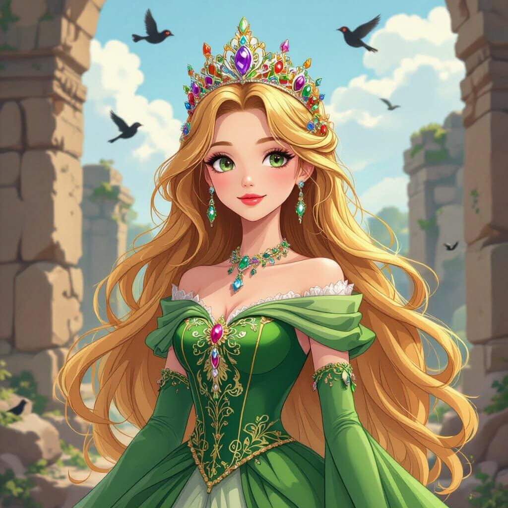 Anime Princess in Ancient Ruins with Birds