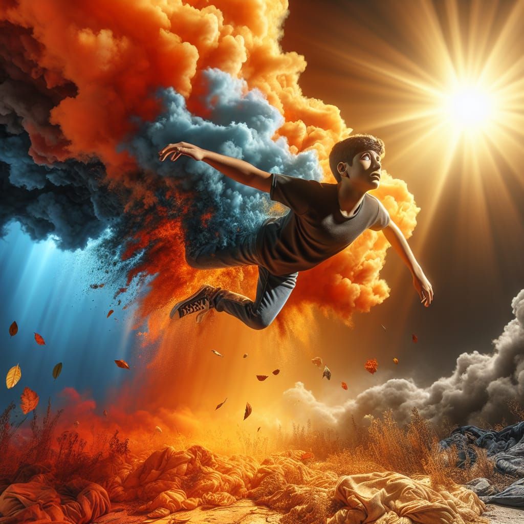 Boy's Seasonal Descent: Hyperrealistic Summer to Autumn