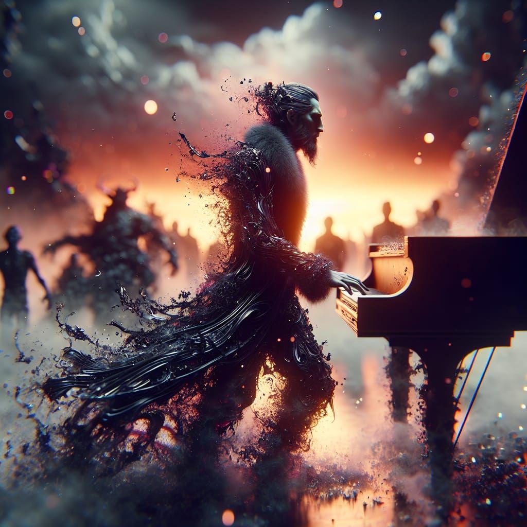 Futuristic Demon Playing Piano Amidst Ash and Ghosts