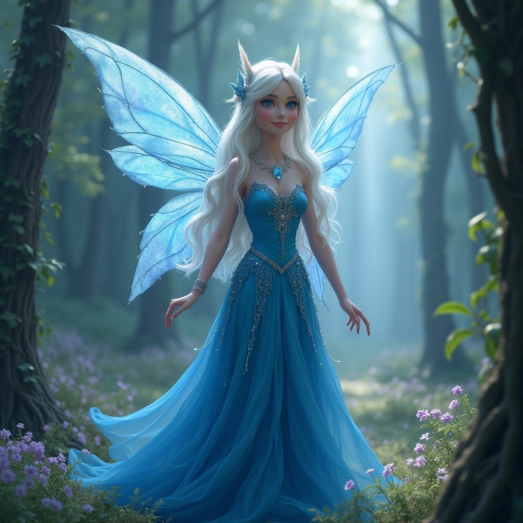 Enchanting Blue Fairy in Whimsical Forest, Ethereal Art