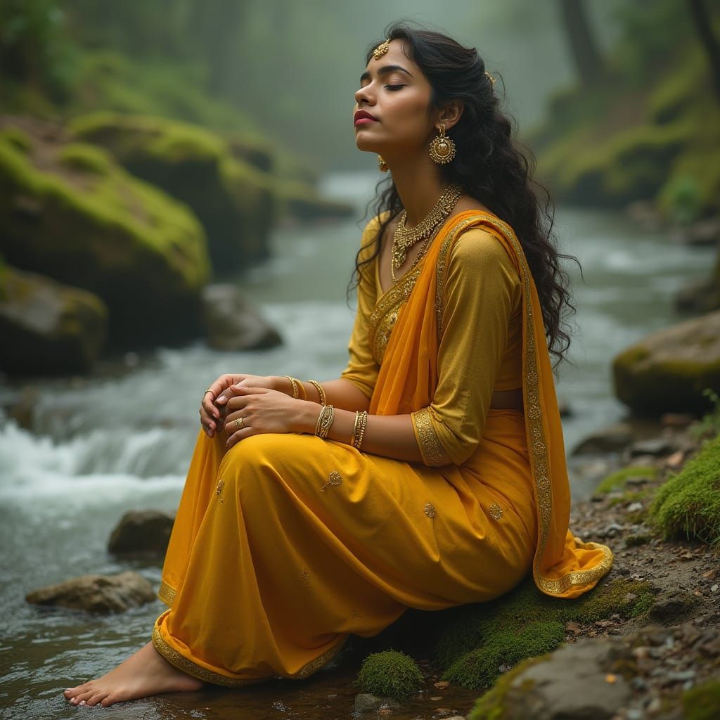 Woman in Sari by Stream, Art Nouveau Style