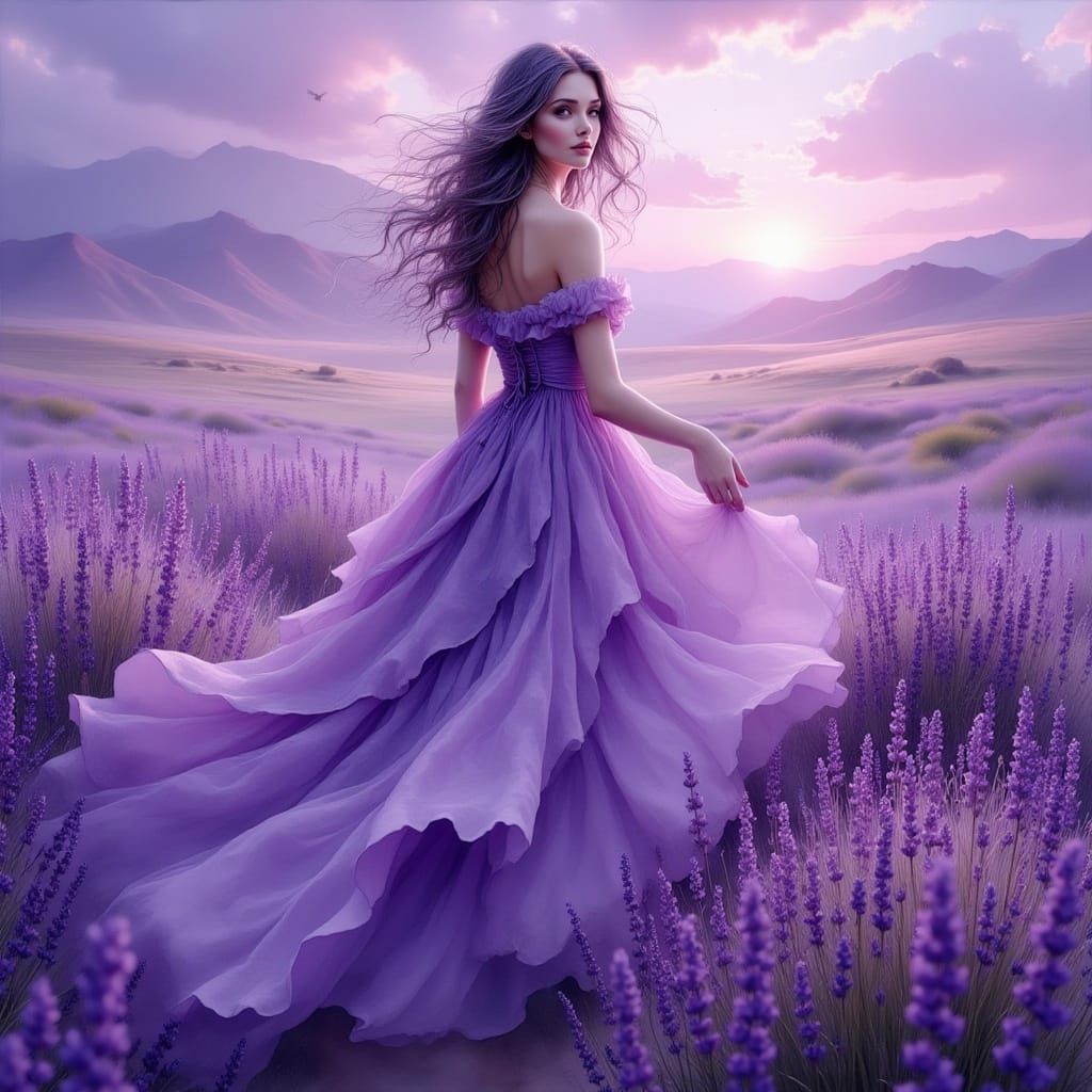 Woman in Lavender Dress Amidst Lavender Fields