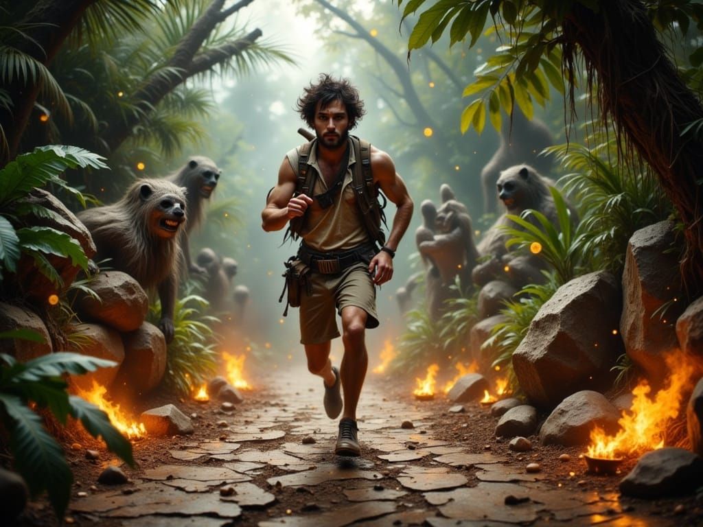 Temple Run Style Scene: Explorer Flees Guardian in Jungle Va...